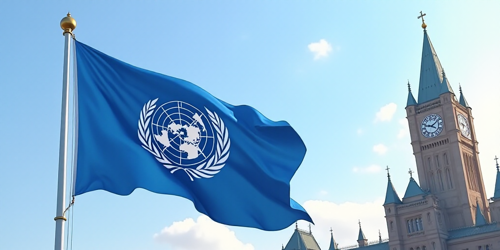 a blue flag with the united nations emblem on it flying in front of a tall building with a clock tow
