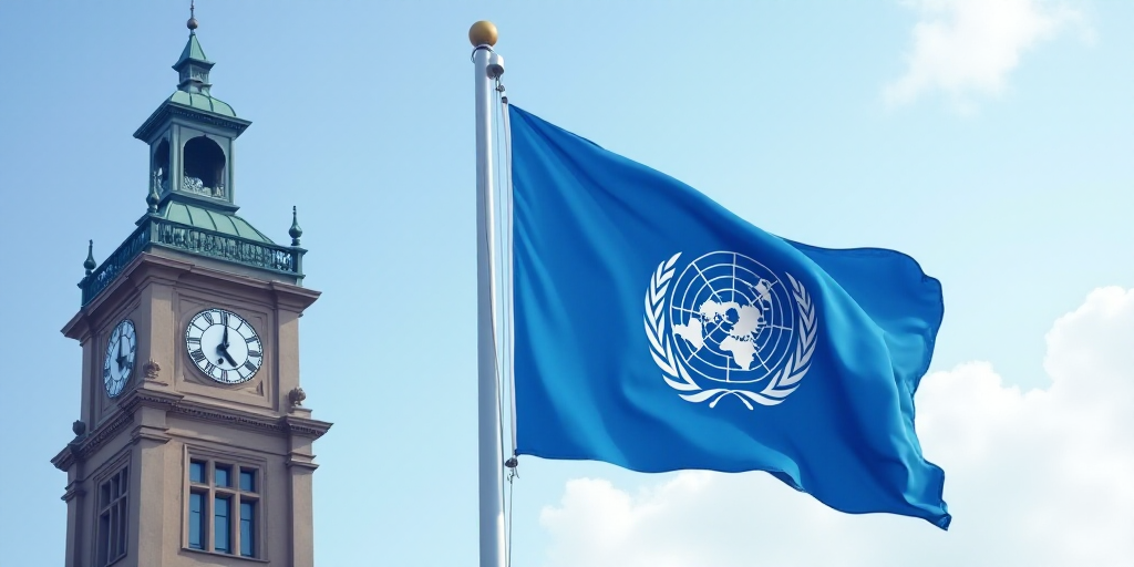 a blue flag with the united nations emblem on it flying in front of a tall building with a clock tow