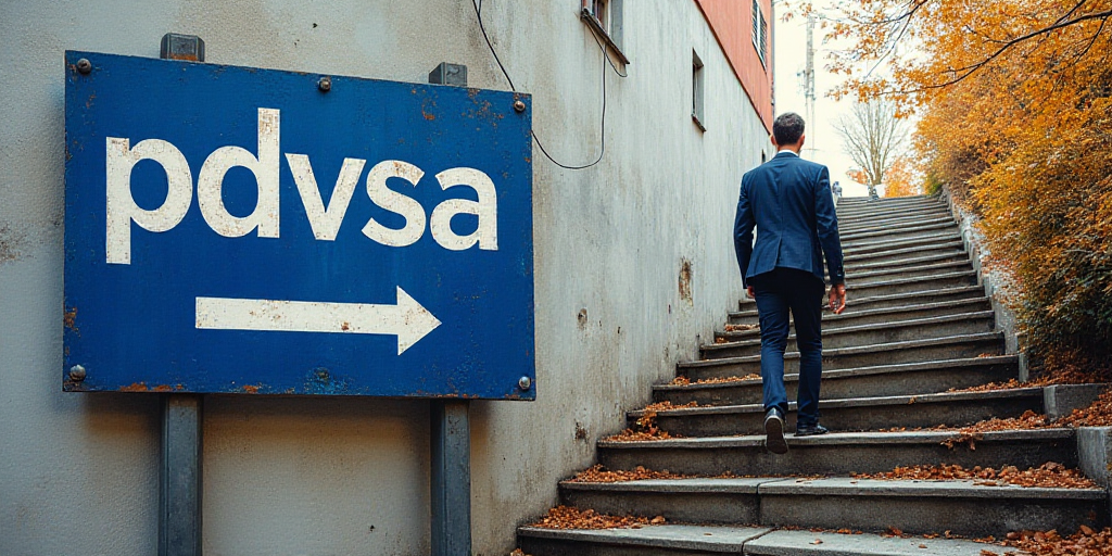 a blue sign that says pdvsa on it and a man walking up the stairs behind it in the background, Arame