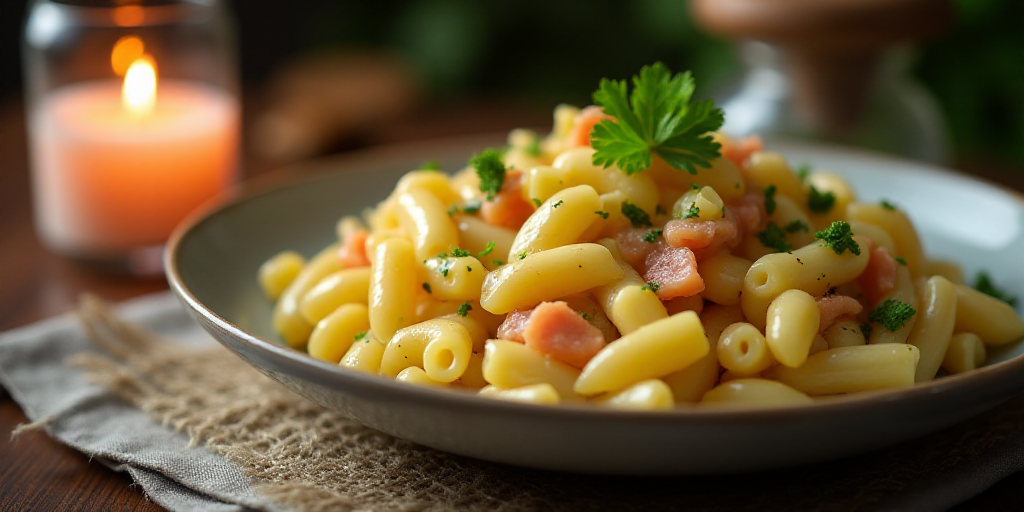 a bowl of macaroni salad with a garnish of parsley on a table with a candle, Bela Čikoš Sesija, pr