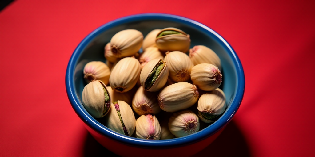 a bowl of pistachios on a red table top with a blue border around it and a red and blue bowl with a