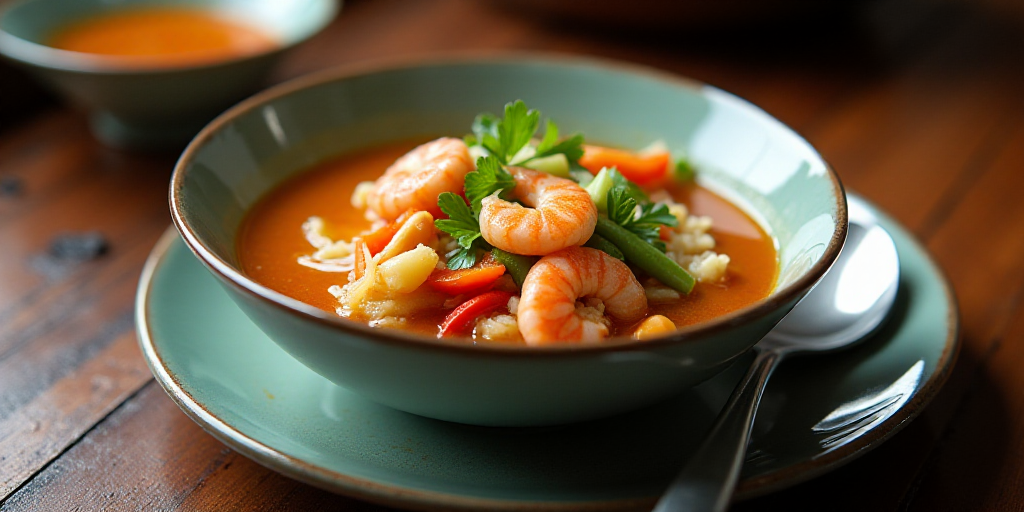 a bowl of soup with shrimp and vegetables on a plate with a spoon and spoon rest on the side, Fan Ku