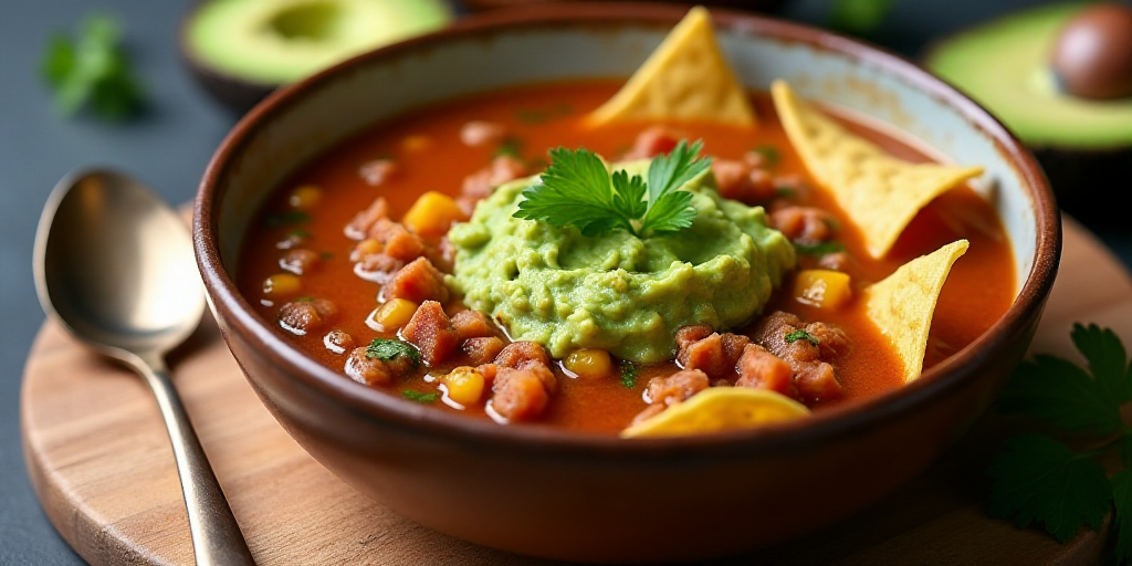 a bowl of soup with tortilla chips and guacamole on a cutting board with a spoon, Altichiero, profes