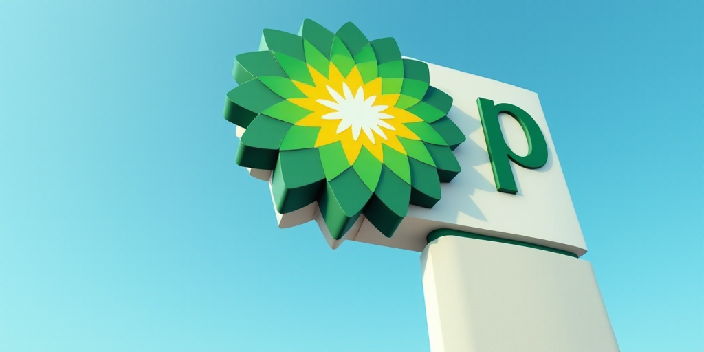 a bp gas station sign with a blue sky in the background and a green and yellow flower on the side, B