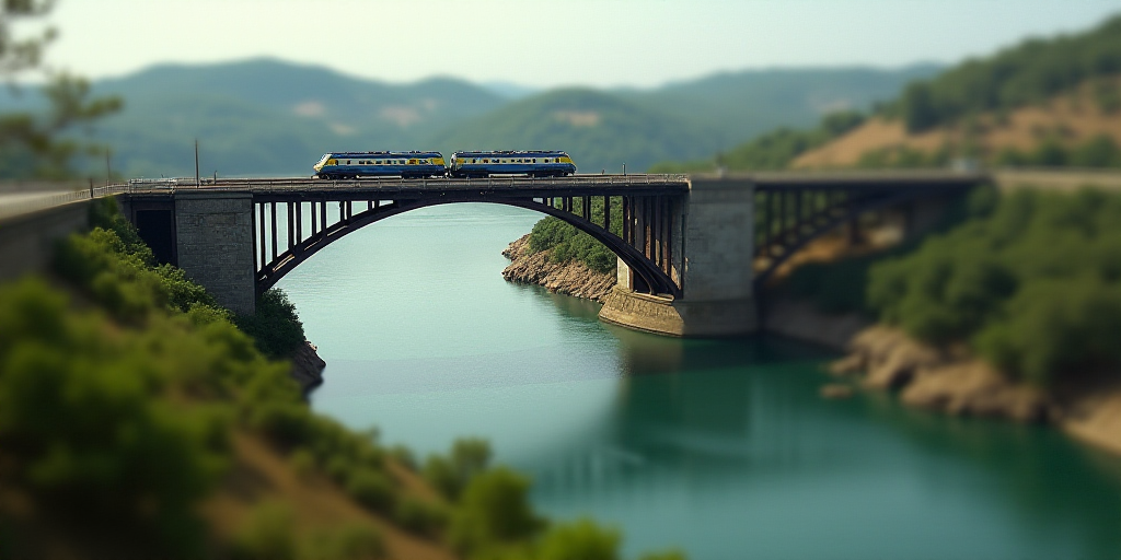 a bridge over a river with a train on it's tracks above the water and a highway going over it, Almad