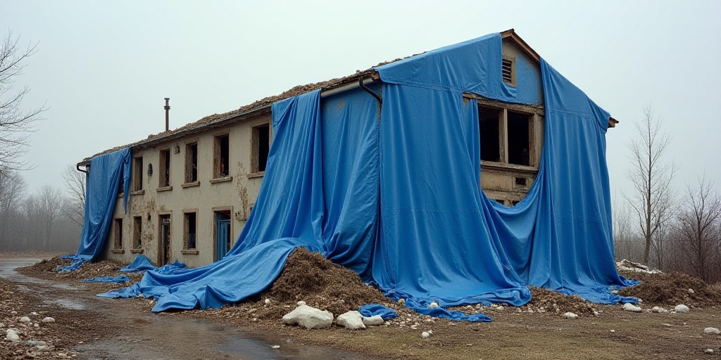 a building that has been destroyed and covered in tarps and debris with a blue tarp covering the out