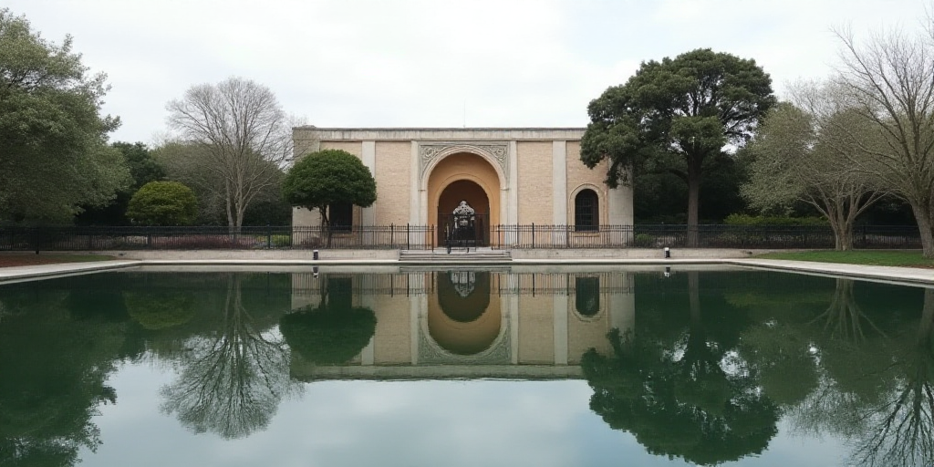 a building with a fence and trees in front of it and a reflection of the building on the water, Carl
