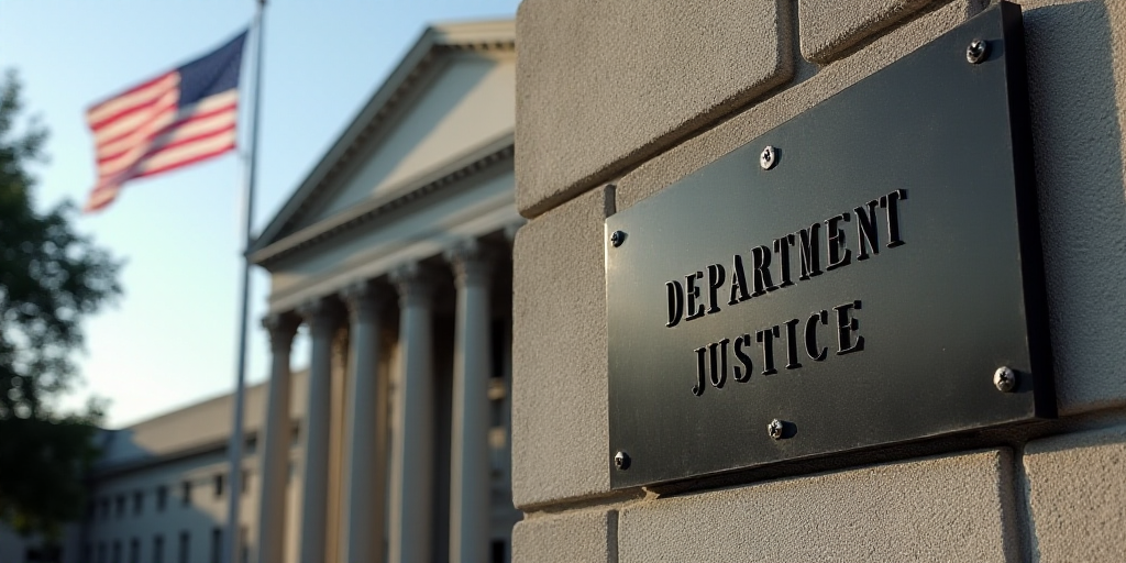 a building with a flag flying in the background and a sign that says department of justice on the si