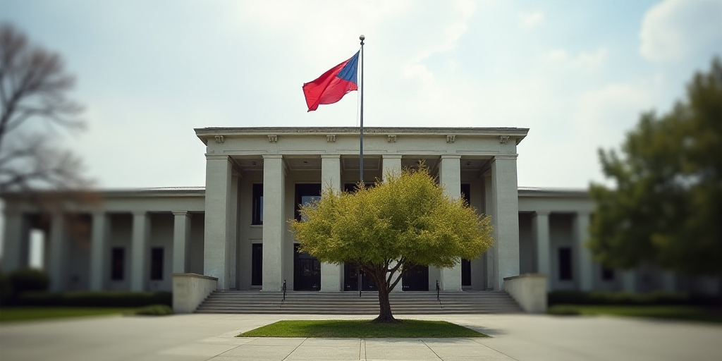 a building with a flag on top of it and a flag pole in front of it and a tree in front of it, Carlos