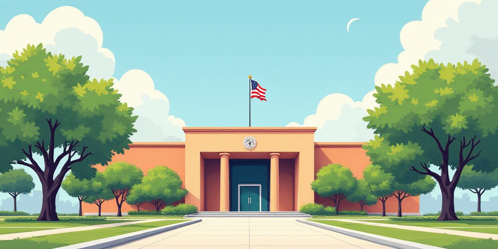 a building with a flag on top of it and trees in front of it and a flagpole on top of it, Carlos Tri