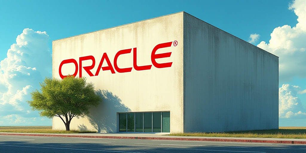 a building with a large oracle logo on it's side and a tree in front of it with a blue sky backgroun