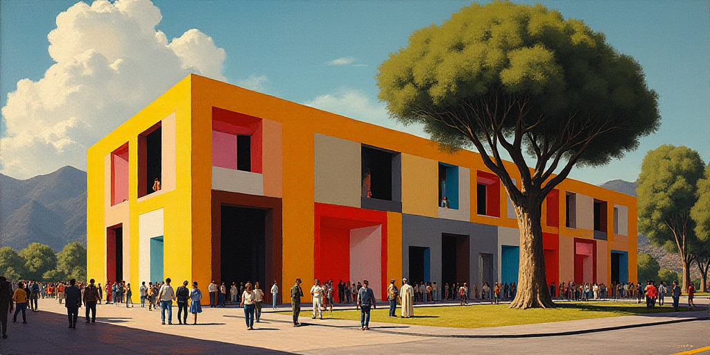 a building with a lot of people walking around it and a tree in front of it and a few people walking