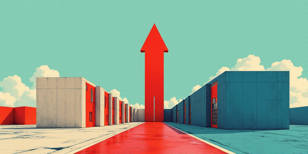 a building with a red arrow pointing up at it's center and a blue building with a red arrow pointing