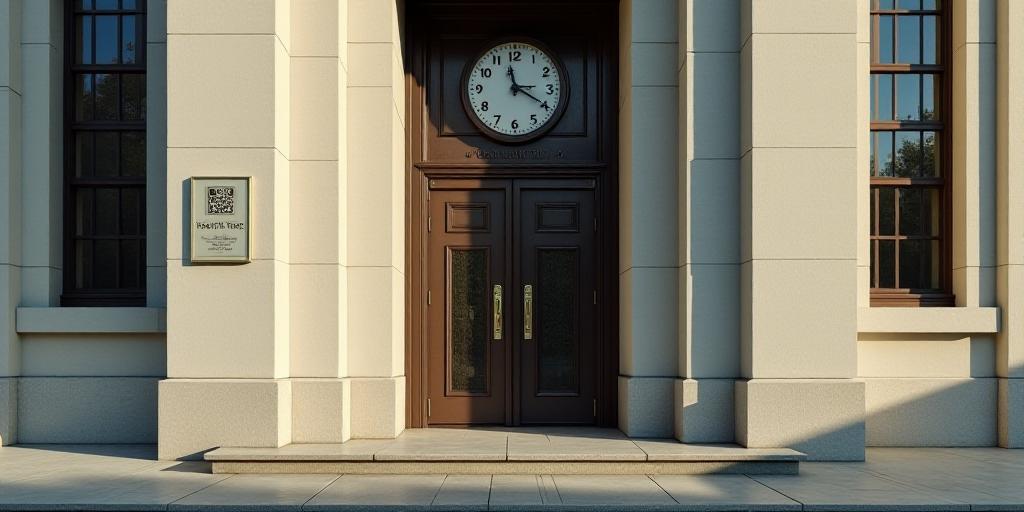 a building with a sign that reads federal reserve on it's side door and a clock on the outside of th