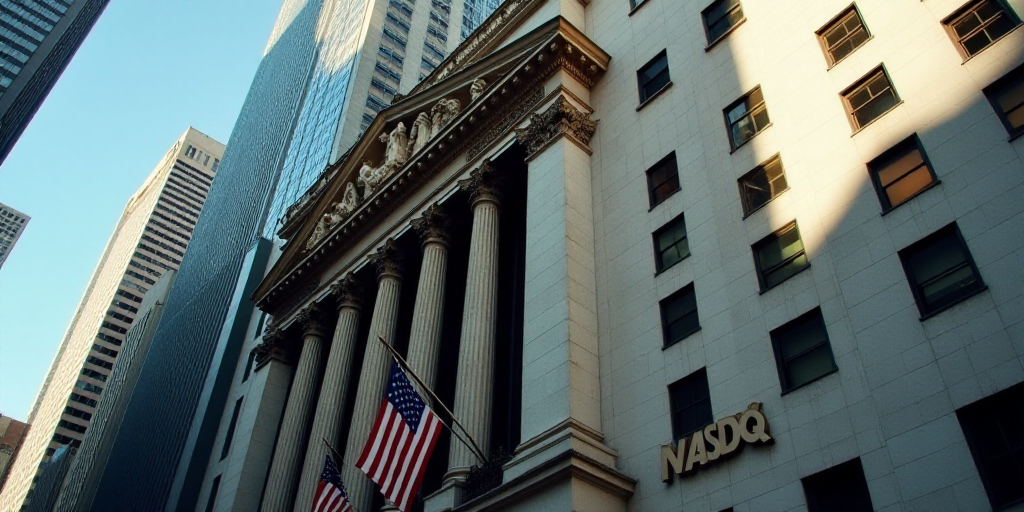 a building with a sign that says nasdaq on it's side and a clock on the side of the building, Andrie