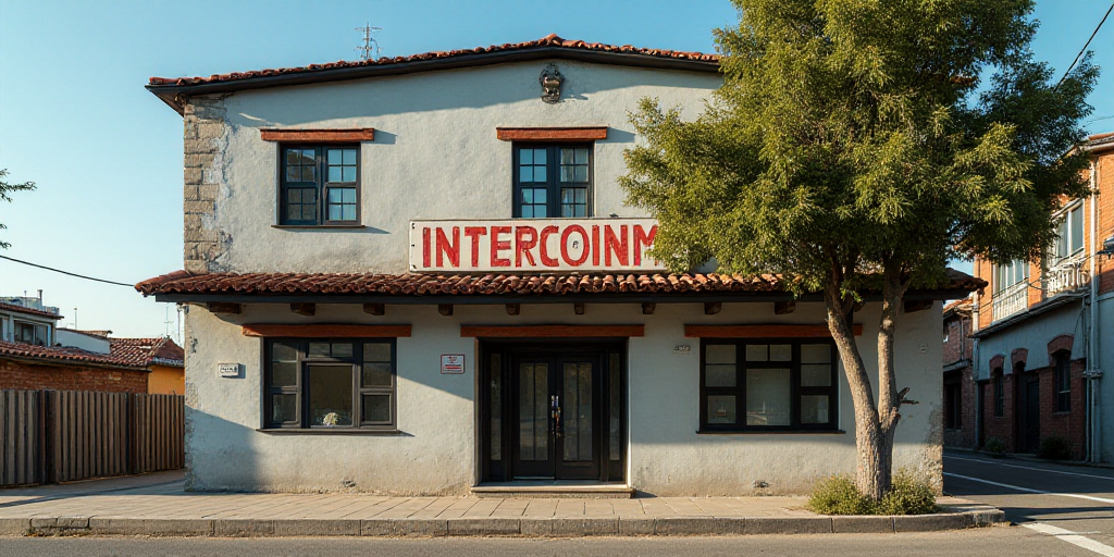 a building with a sign that says intercam in front of it and a tree in front of it, Carpoforo Tencal