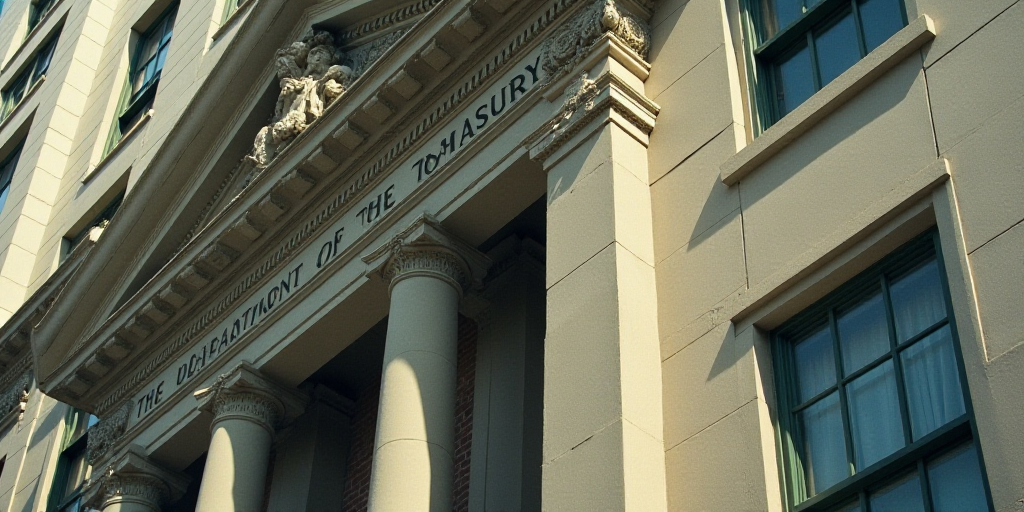a building with a sign that says the department of the treasury on it's side and a clock on the outs