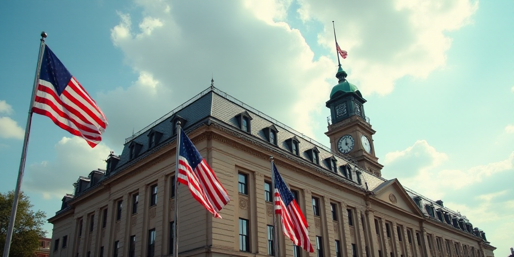 a building with american flags flying in the wind and a clock tower in the background with a clock o