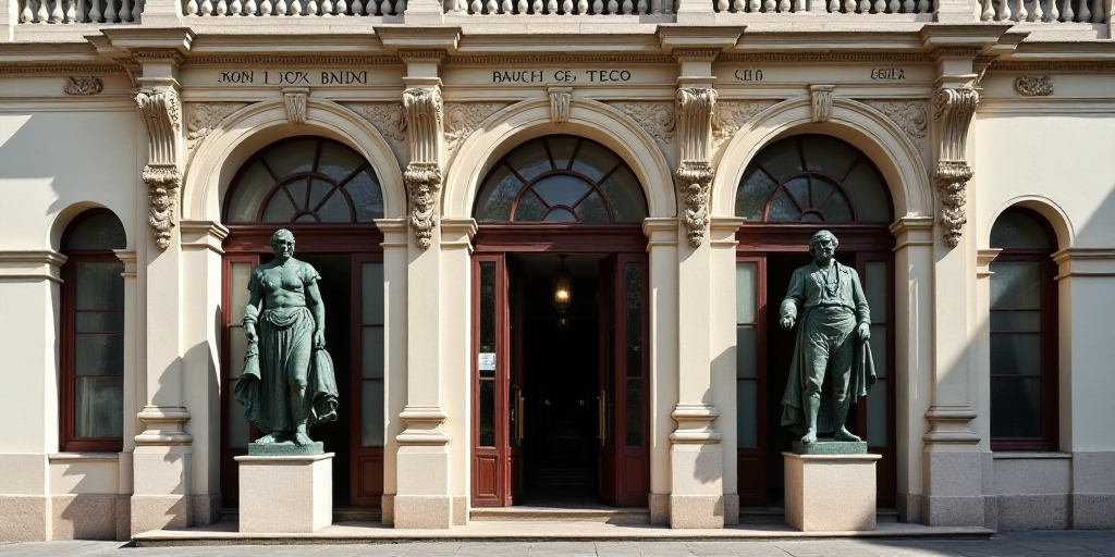 a building with statues of people on the front of it and a sign that says banco - teco, Carlos Franc