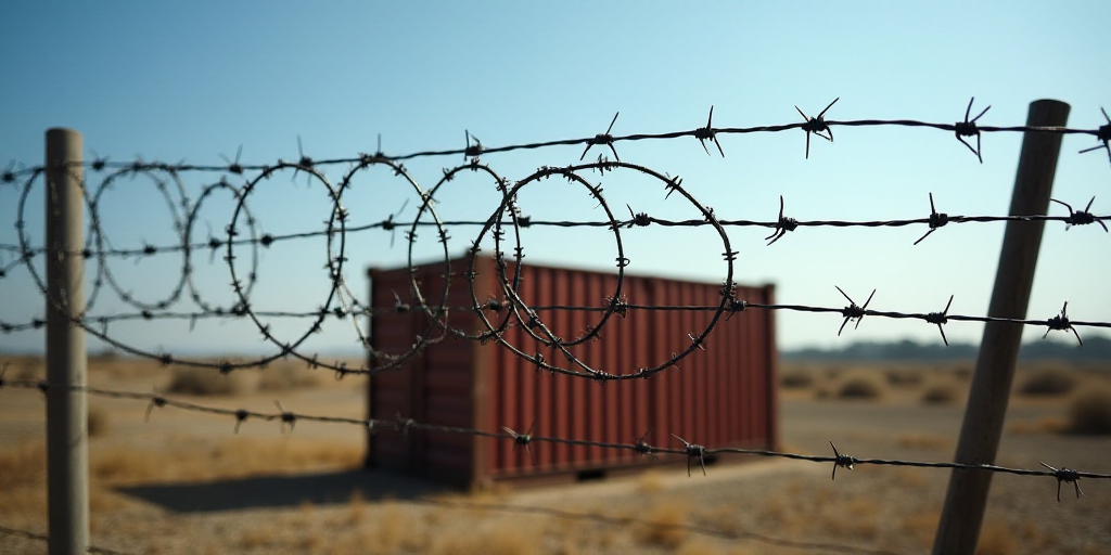 a bunch of barbed wire with a container in the background on a sunny day with a blue sky in the back