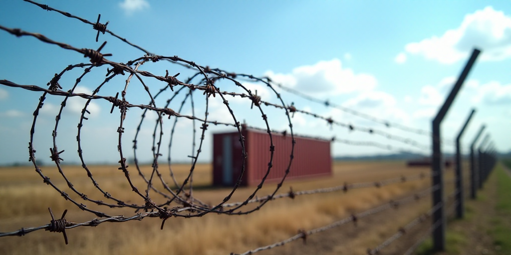a bunch of barbed wire with a container in the background on a sunny day with a blue sky in the back