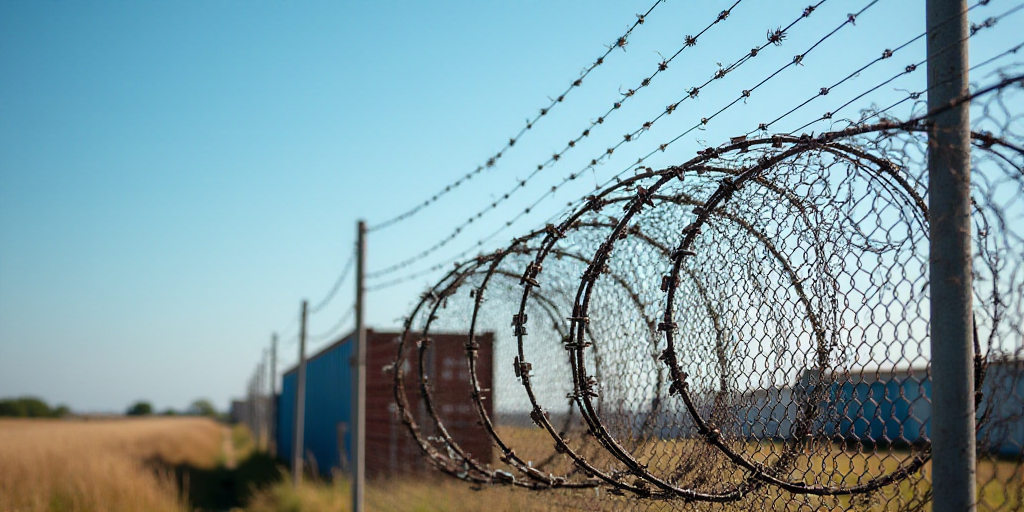 a bunch of barbed wire with a container in the background on a sunny day with a blue sky in the back