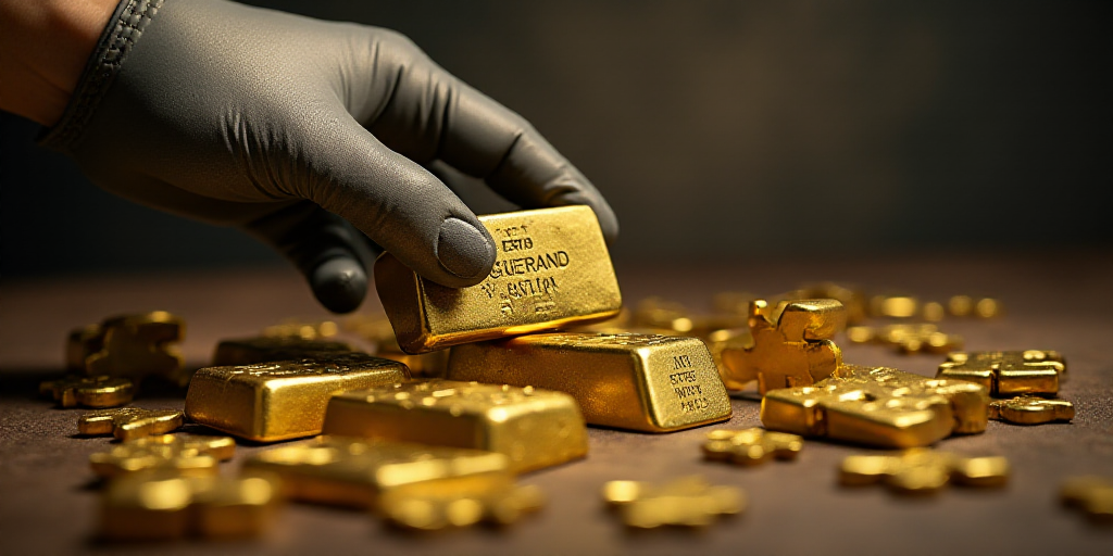 a bunch of gold bars are on a table with a gloved hand holding one of them up to the camera, Enguerr