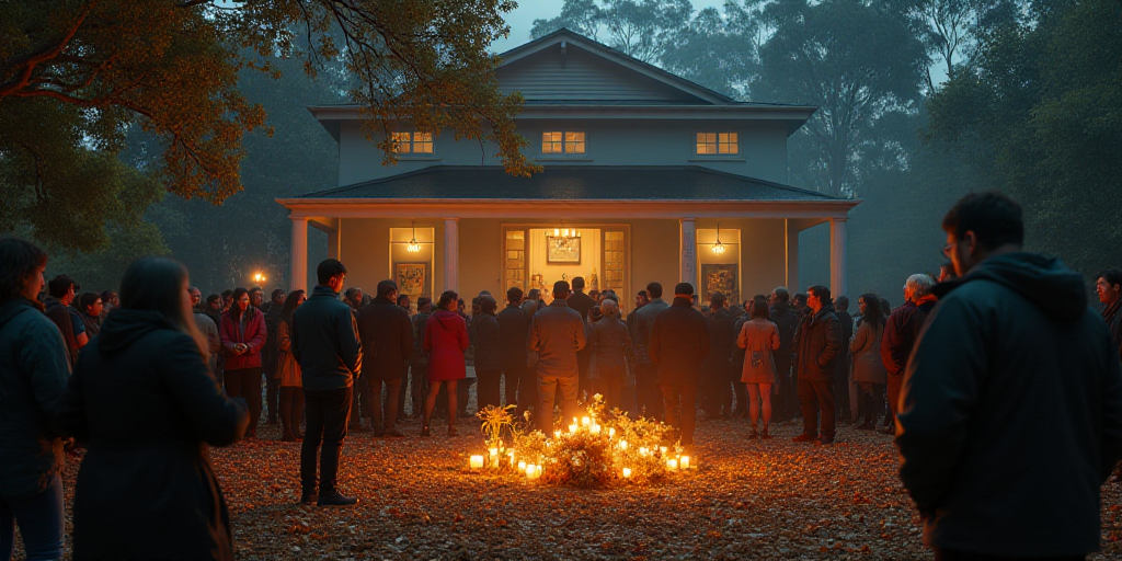 a bunch of people standing in front of a building with flowers and candles on the ground and people