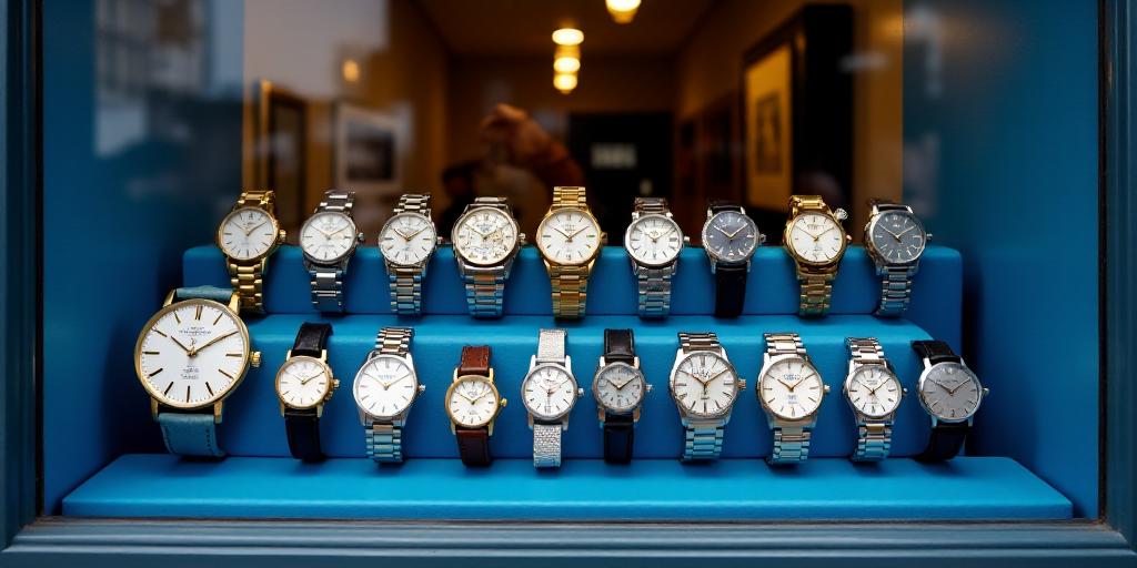 a bunch of watches are on display in a store window for sale in a blue case with a blue shelf, Andri