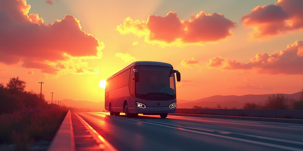 a bus driving down a road with the sun setting in the background and clouds in the sky above it, Fla