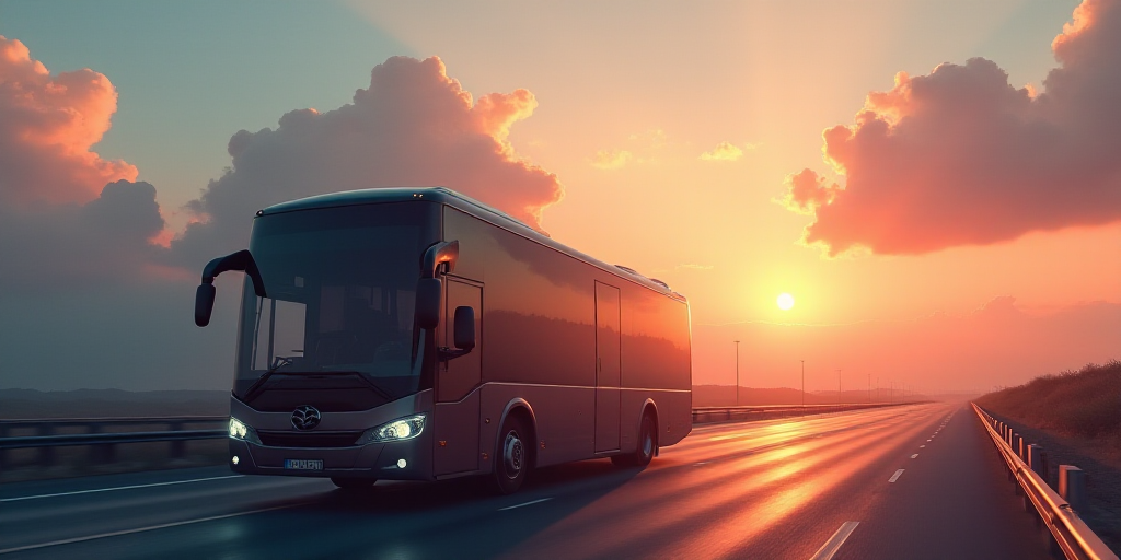 a bus driving down a road with the sun setting in the background and clouds in the sky above it, Fla