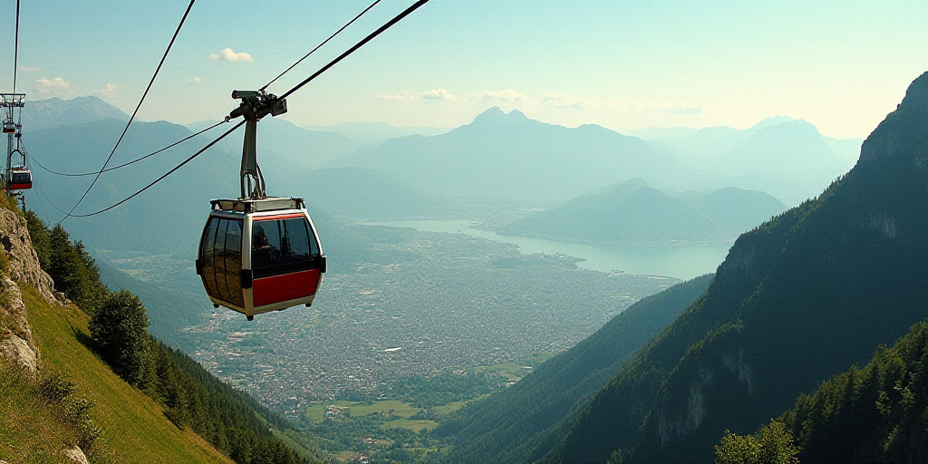 a cable car going up a mountain side with a view of the city below it and mountains in the distance,