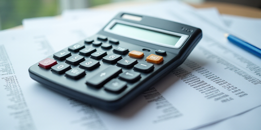 a calculator sitting on top of a pile of paper with numbers on it and a barcode on the top, Andries