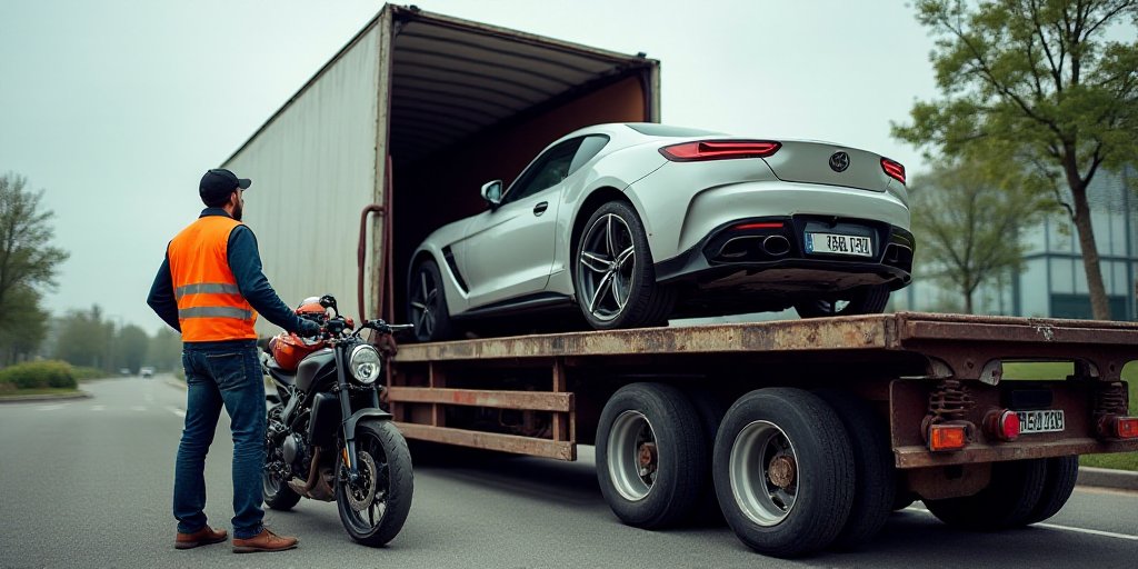 a car being loaded onto a truck by a man in an orange vest and safety vest standing next to a motorc