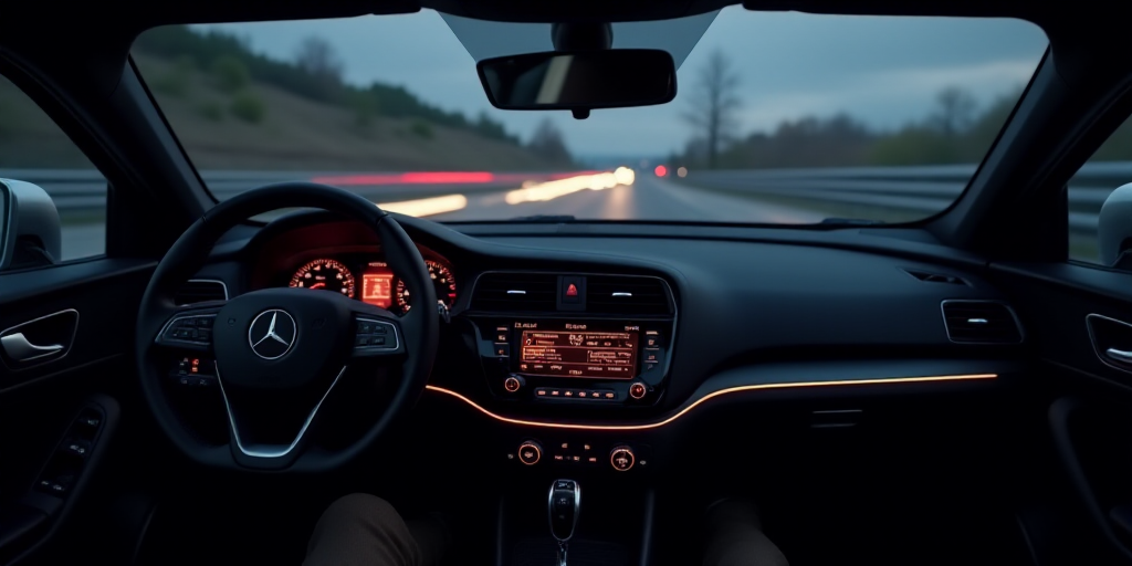 a car dashboard with a dash board and a steering wheel and dashboard lights and dashboard lights on