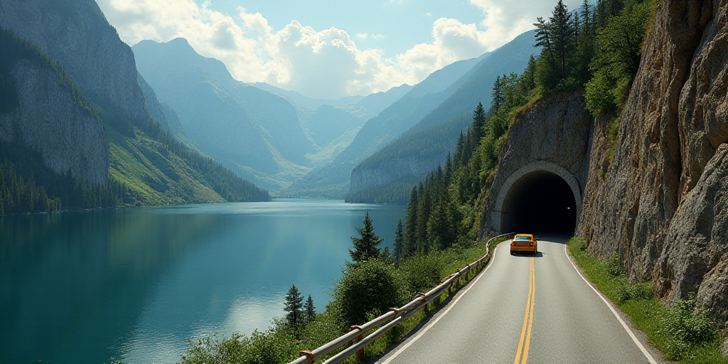 a car driving down a road next to a cliff face with a lake below it and a road going into a tunnel,