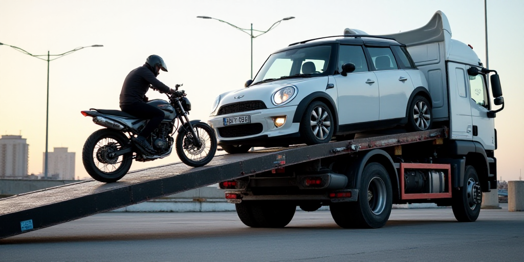 a car is being loaded onto a truck by a man on a motorcycle on a ramp with a ramp attached to it, Aq