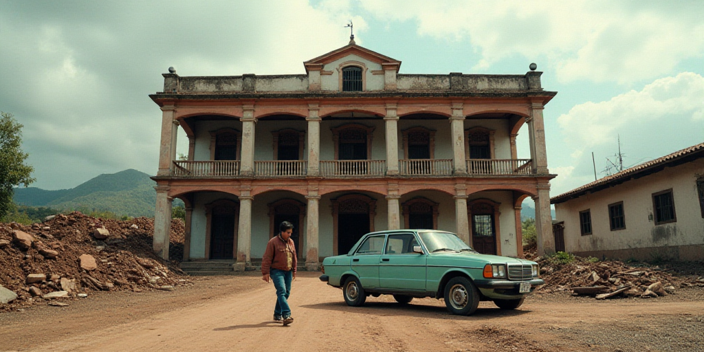 a car parked in front of a building that has been torn down and a person walking by it on a dirt roa