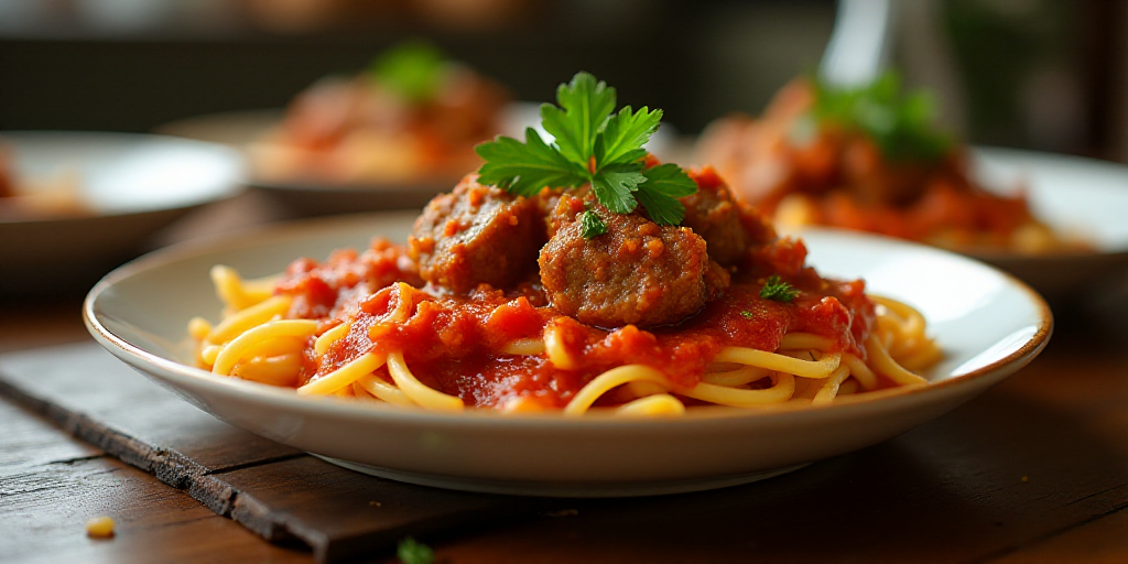 a casserole dish with pasta and meat in a red sauce and garnished with parsley, Bouchta El Hayani, p