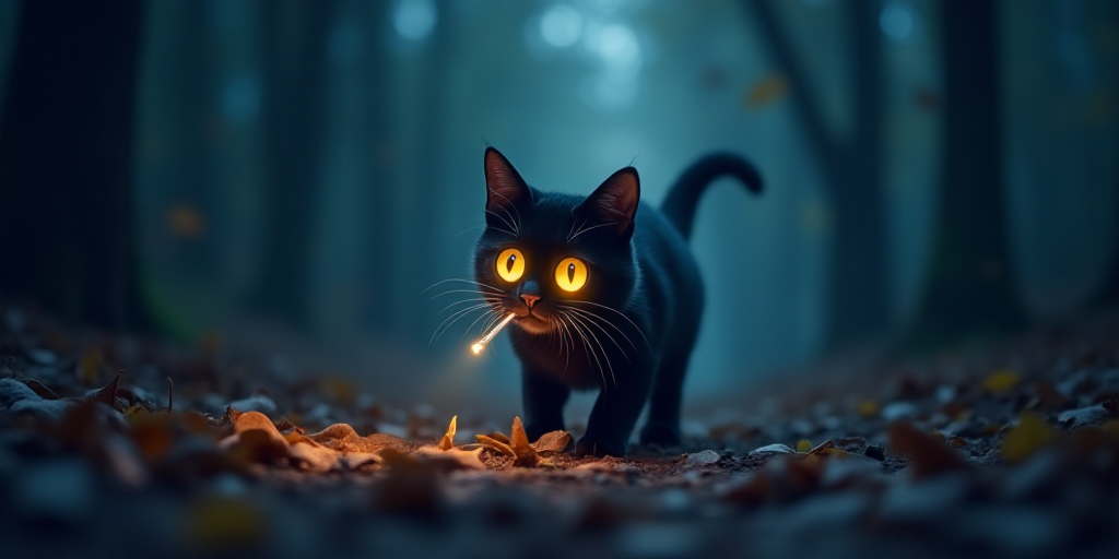 a cat walking across a leaf covered ground at night time with a flashlight in its mouth and a blurry