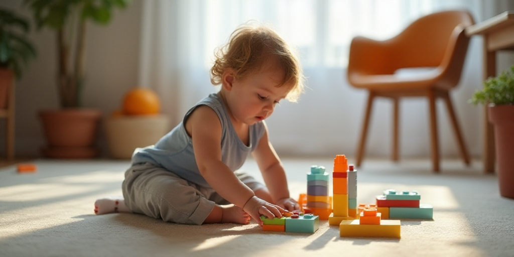 a child playing with a block toy on the floor of a room with a chair and a table in the background,