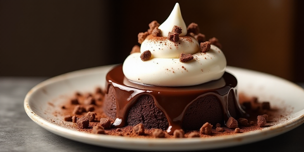 a chocolate dessert with chocolate pieces and whipped cream on top of it on a plate on a table top,