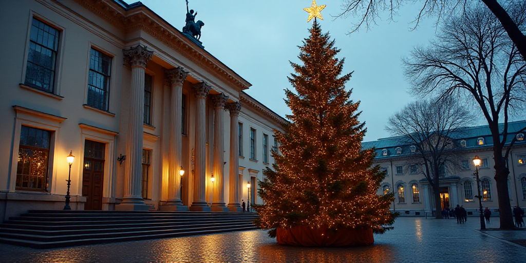 a christmas tree in front of a building with a statue on it's side and a large christmas tree in fro
