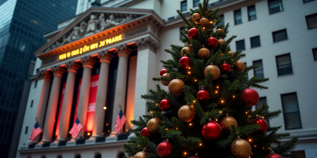 a christmas tree is in front of a building with a sign that says new york stock exchange on it, Andr