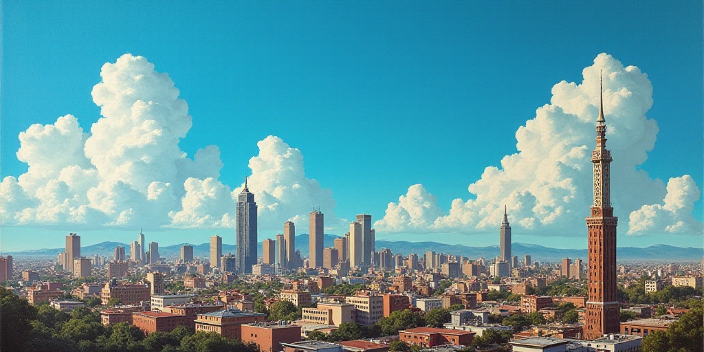 a city skyline with a tall building in the background and a blue sky in the foreground with a few cl
