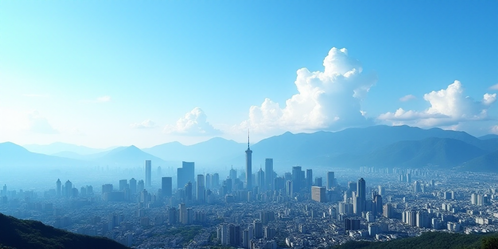 a city skyline with mountains in the background and a blue sky in the foreground with a few clouds,