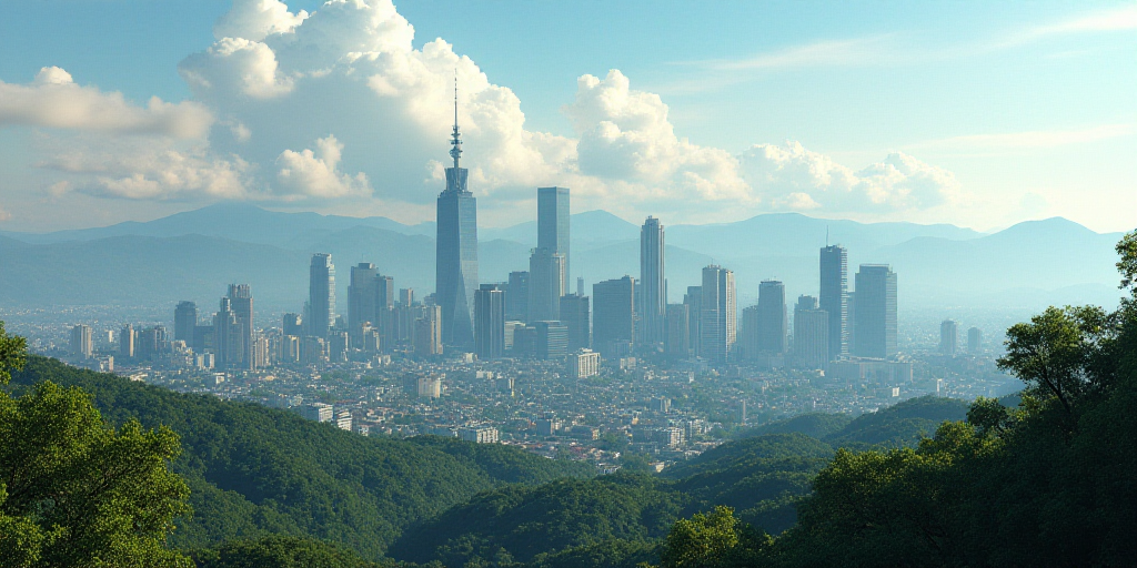 a city skyline with tall buildings and trees in the foreground and mountains in the background in th