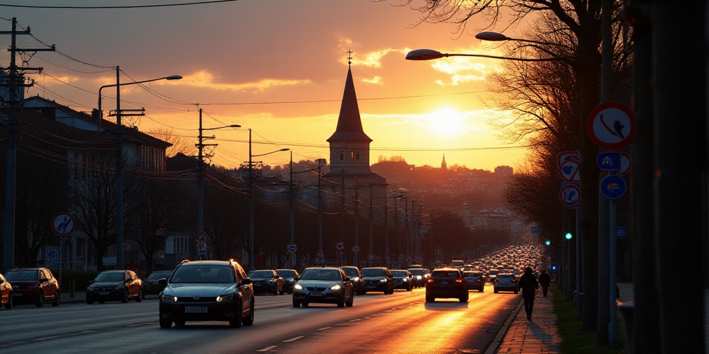 a city street with a lot of traffic at sunset time with a church in the background and a cloudy sky,