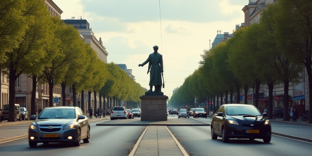 a city street with a statue in the middle of it and cars driving down the road in front of it, Cánd