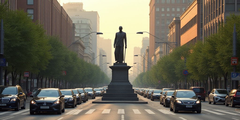 a city street with a statue in the middle of it and cars driving down the road in front of it, Cánd